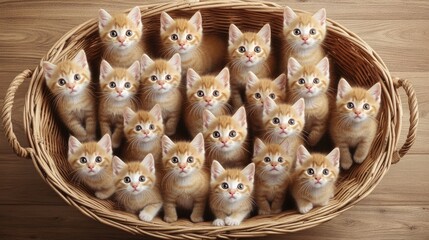 Five cute kittens with striking eyes are nestled together in a woven basket, gazing up with curiosity in a warm indoor atmosphere