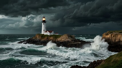 Lighthouse on a Cliff During a Storm: Waves Crash Against Rocks Under Dark Skies