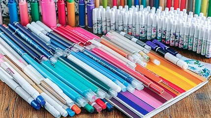 A collection of colorful pens and markers on a wooden table.