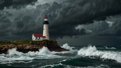 Lighthouse on a Cliff During a Storm: Waves Crash Against Rocks Under Dark Skies