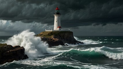 Obraz premium Lighthouse on a Cliff During a Storm: Waves Crash Against Rocks Under Dark Skies