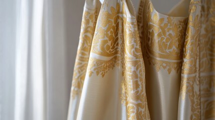 Luxurious dhoti with intricate gold patterns, hung on a white hanger, minimalistic background emphasizing its opulence.