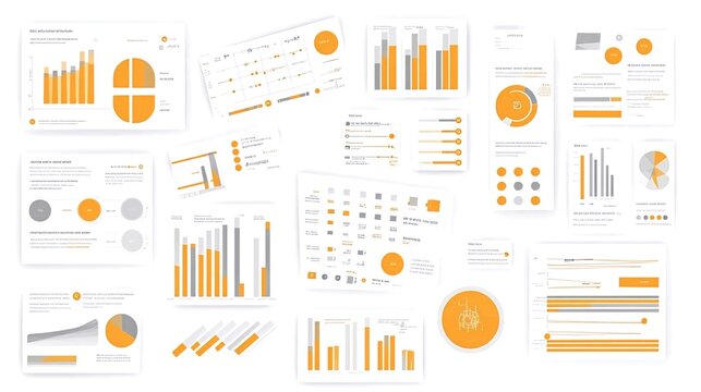 A collection of various charts and graphs in orange and gray, scattered on a white background.