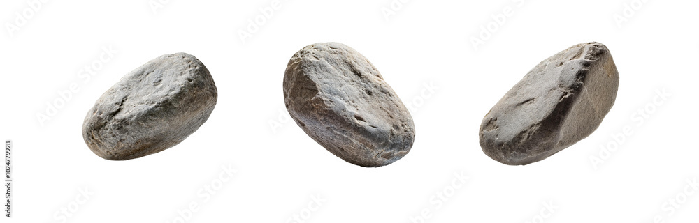 Poster three isolated gray stones, each with a unique shape and texture, are shown against a white backgrou
