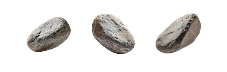 Fototapeta premium Three isolated gray stones, each with a unique shape and texture, are shown against a white background.