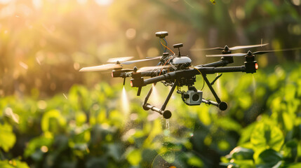 drone flying over lush green field, capturing stunning aerial views while spraying crops. sunlight creates beautiful glow, enhancing scenes vibrancy and technology