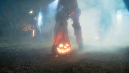 Monster Drags Halloween Pumpkin In Foggy Forest At Night Among Ghosts