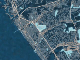 Painterly Style City Map of Oceanside California, USA in a Blue Color Scheme.