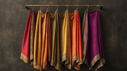 Multicolored dhotis with golden detailing, hanging gracefully on sleek hangers, simple backdrop for a timeless look.