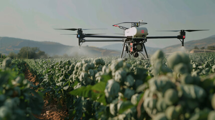 Fototapeta premium drone hovers above lush green field, capturing essence of modern agriculture. This innovative technology enhances crop monitoring and management, showcasing future of farming