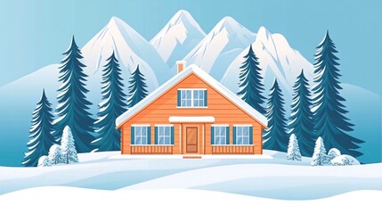 Naklejka premium A cozy wooden cabin nestled in a snowy mountain landscape with pine trees.