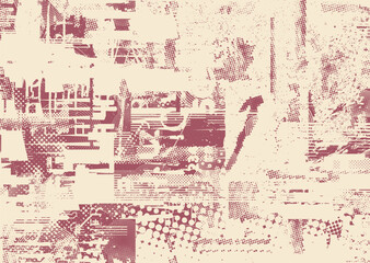 Background with glitch distorted grunge textures . grunge background texture with halftone dots, glitched shapes, textures and lines .Screen print vector background with grunge textured surface.