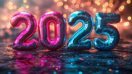 Vibrant New Year's Eve Celebration with Metallic '2025' Balloons, Fireworks, Colorful Confetti, and Bokeh Lights for a Festive Party Atmosphere