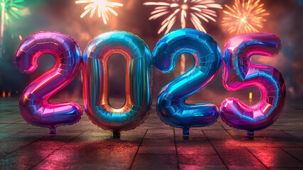 Vibrant New Year's Eve Celebration with Metallic '2025' Balloons, Fireworks, Colorful Confetti, and Bokeh Lights for a Festive Party Atmosphere