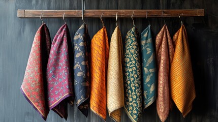 Richly patterned dhotis in various colors, hanging neatly on hangers, minimalist background emphasizing their luxury.