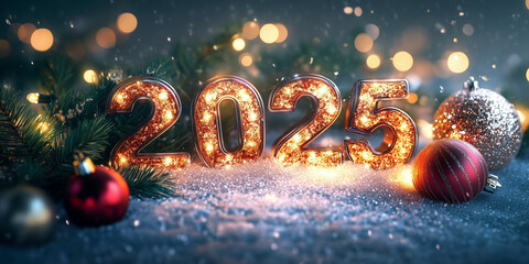 Bold metallic numbers "2025" with glowing Christmas decorations and festive lights on a dark winter background.