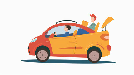 Fototapeta premium colorful cartoon illustration of red and yellow convertible car with two characters inside. One person is driving while other is holding map, suggesting fun road trip adventure