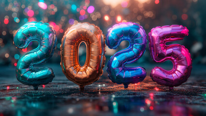 Vibrant New Year's Eve Celebration with Metallic '2025' Balloons, Fireworks, Colorful Confetti, and Bokeh Lights for a Festive Party Atmosphere