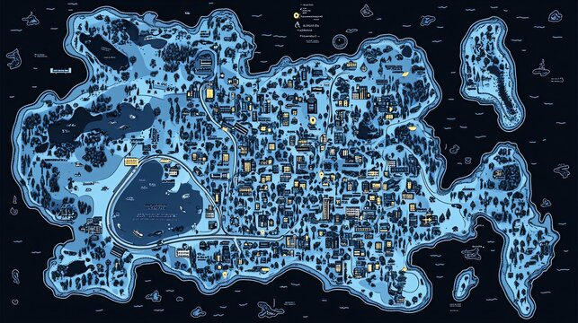 A detailed map of a fictional city with landmarks and surrounding waters, presented in a stylized, minimalist design.