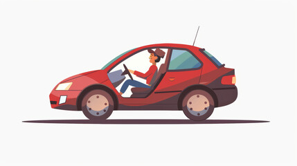 Naklejka premium vibrant red car is depicted with person driving, showcasing modern and dynamic design. character appears focused and engaged while navigating road