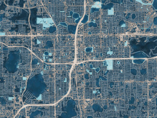 Painterly Style City Map of Orlando Florida, USA in a Blue Color Scheme.