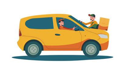 Obraz premium cheerful delivery scene featuring yellow van with two animated characters. One character is driving while other is handing over package, showcasing friendly interaction
