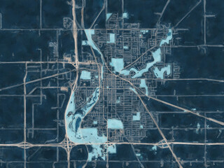 Painterly Style City Map of Owatonna Minnesota, USA in a Blue Color Scheme.