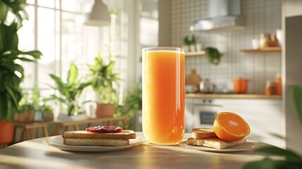A glass of orange juice with toast and marmalade on a table in a sunny kitchen.