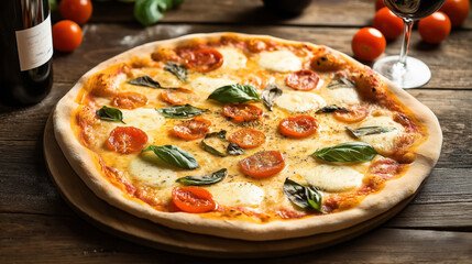 Freshly baked Margherita pizza with tomatoes, basil, and mozzarella on a wooden table, accompanied by wine and fresh tomatoes.
