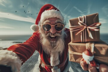 Trendy Santa Claus Taking a Selfie on the Beach, Holding Christmas Gifts in a Festive Coastal Setting.