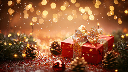 Merry christmas and new year holidays background. Blurred bokeh background with light bulbs and Christmas tree branches. Banner.	