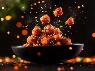 Spicy vegetable manchurian with crispy vegetable balls in a glossy, reddishbrown sauce