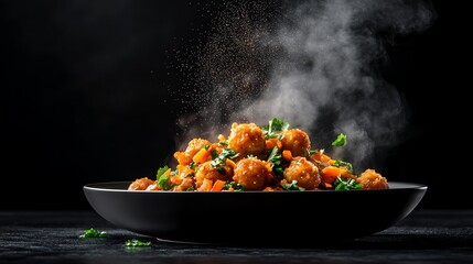 Spicy vegetable manchurian with crispy vegetable balls in a glossy, reddishbrown sauce