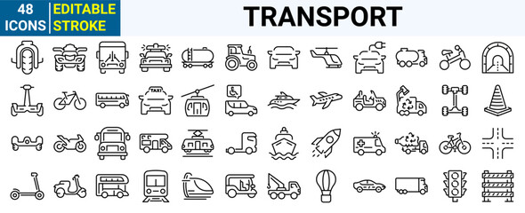 Transport web line icons. Containing car, bike, plane, train, bicycle, motorbike, bus and scooter. Editable stroke. Vector illustration