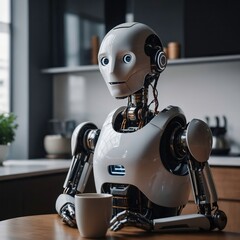 AI-driven robot assistant serving a cup of coffee in a minimalist high-tech apartmen