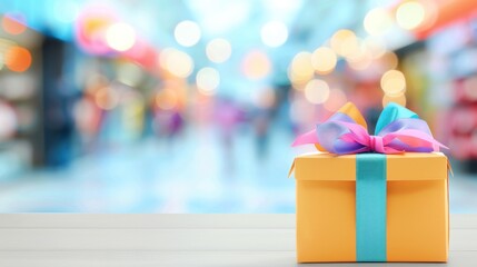 Colorful gift box with ribbon on table in bright shopping mall.
