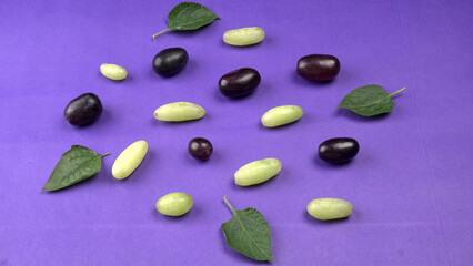 Natural organic different types of fresh ripe juicy grapes and space for text on table. top view, Agriculture concepts.