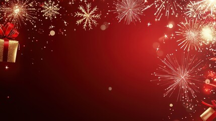 Festive Fireworks and Gift Celebration on Red Background