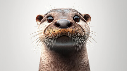 Close-up view of an otter with detailed fur and whiskers against a neutral background, showcasing its distinctive facial features and curious expression.