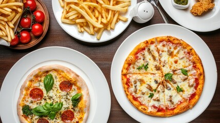This setup features an Asian-style pizza topped with an egg, a plate of fried chicken, crispy French fries, and various dressings arranged beautifully on a wooden table