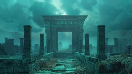 Fototapeta premium Dramatic Ruins in a Stormy Fantasy Landscape Mysterious Abandoned Architecture Engulfed in an Ominous Apocalyptic Atmosphere with Gloomy Clouds and Moody Lighting