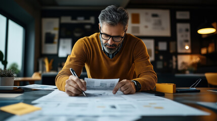 Focused man with glasses analyzing documents on desk in modern office, wearing orange sweater amidst architectural blueprints and notes.