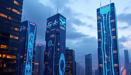 Obraz premium Tech-infused skyscrapers with glowing facades, representing a futuristic city where architecture and technology blend seamlessly. AI-generated