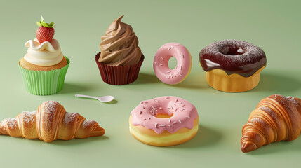 Delight in colorful assortment of desserts featuring cupcake, soft serve ice cream, and various donuts, all beautifully arranged on pastel green background