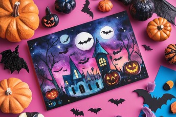 Spooky Halloween painting with pumpkins, bats, and haunted house on a pink background. Ideal for seasonal decorations.