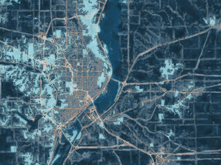 Painterly Style City Map of Peoria Illinois, USA in a Blue Color Scheme.