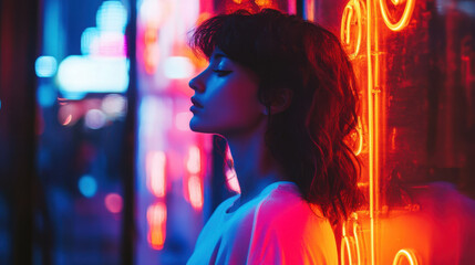 person illuminated by vibrant neon lights, showcasing serene expression against colorful backdrop. interplay of colors creates captivating atmosphere