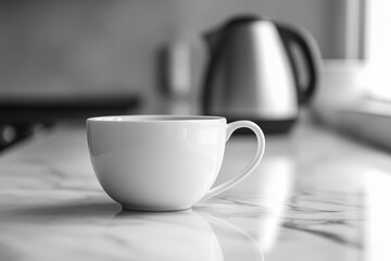 Fototapeta premium Simple tea cup on a marble surface with kitchen utensils.