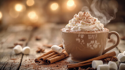 Fototapeta premium Steaming cup of hot chocolate topped with whipped cream and cinnamon, surrounded by marshmallows and cinnamon sticks, cozy atmosphere