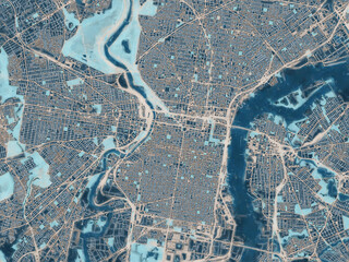 Painterly Style City Map of Philadelphia Pennsylvania, USA in a Blue Color Scheme.